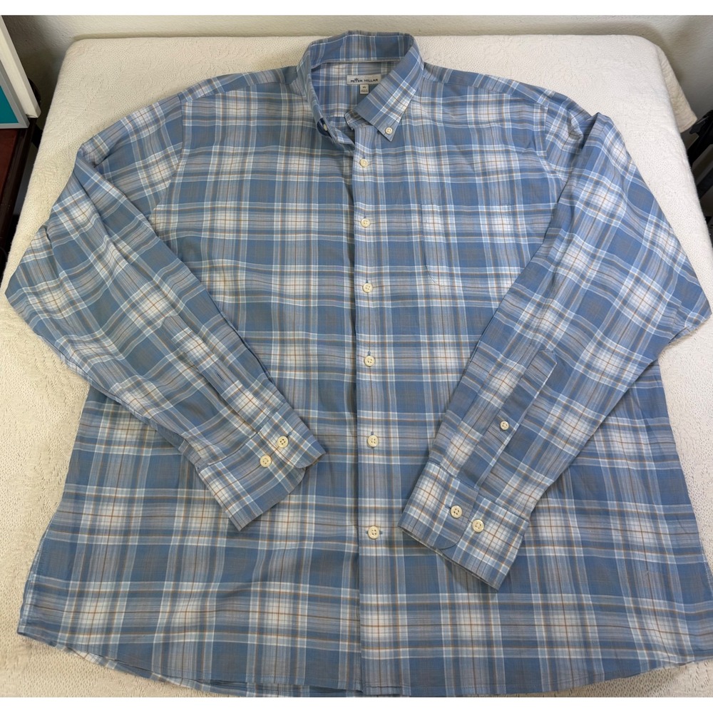 Peter Millar Mens XL Blue Plaid Stretch Cotton Button Down Shirt MS22W13UBL